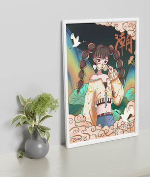 Anime girl with glasses surrounded by nature and cranes