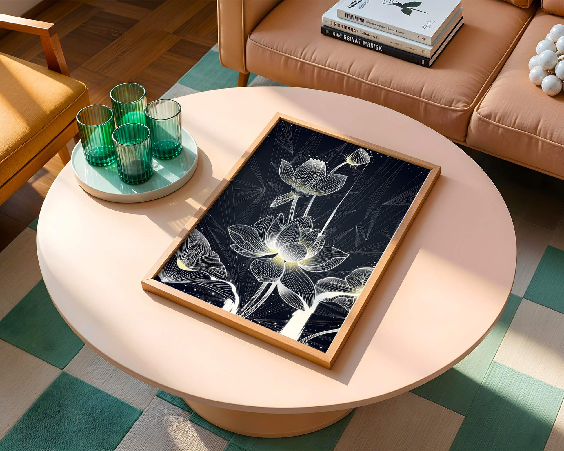 Elegant Lotus Flower Illustration with Geometric Background