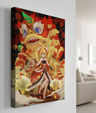 Colorful anime-inspired scene with a lion dance and festive character