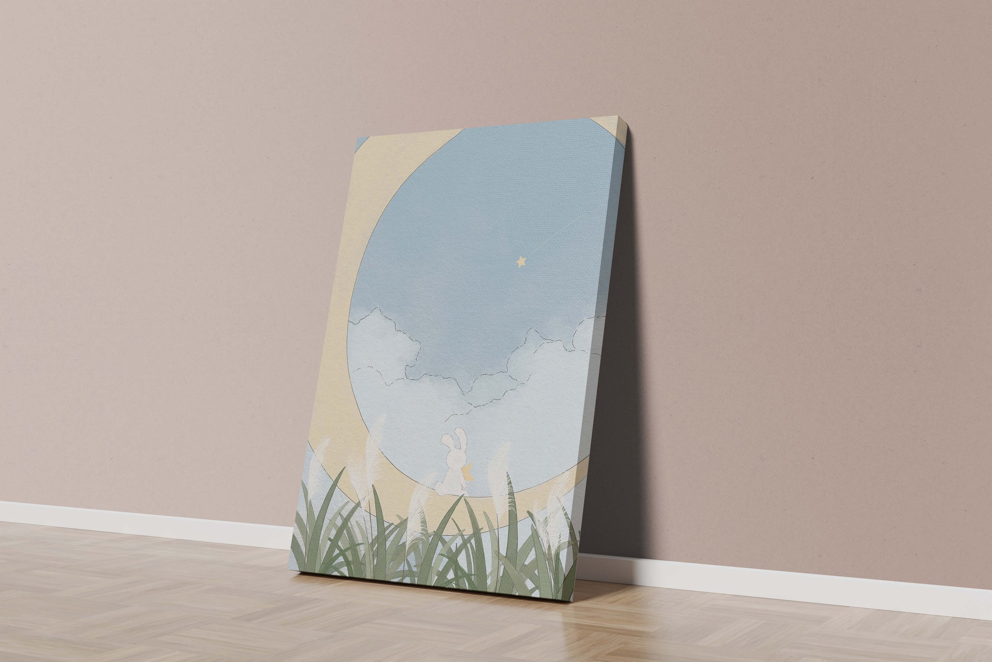 Dreamy Rabbit Sitting on Crescent Moon with Star and Clouds in Sky