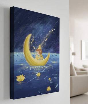 Voyage nocturne magique avec une fille dans un bateau-lune doré
