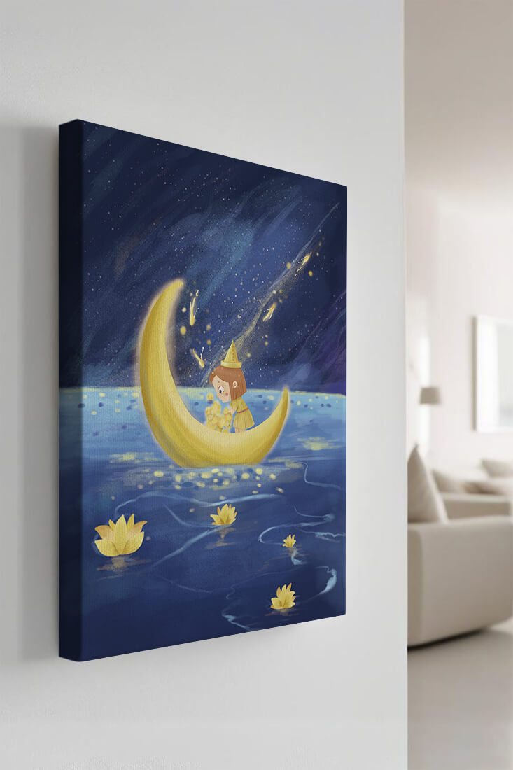 Magical Night Journey with Girl in Golden Moon Boat