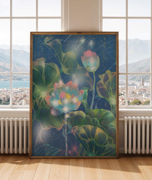 Bunte Lotusblumen mit abstraktem kosmischen Hintergrund