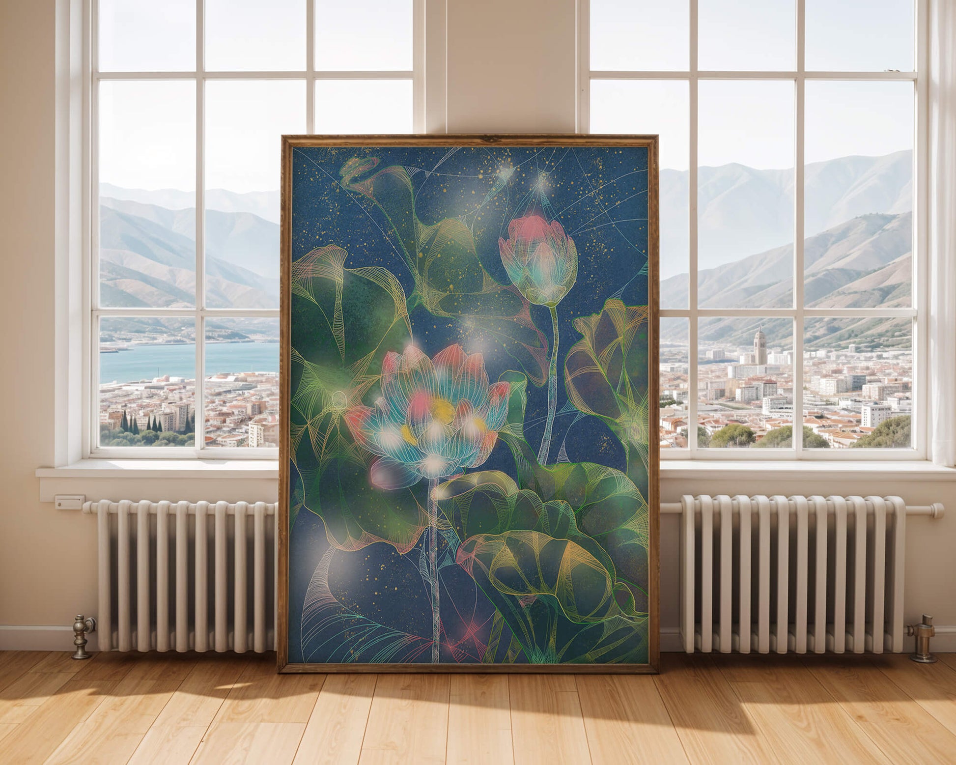 Bunte Lotusblumen mit abstraktem kosmischen Hintergrund