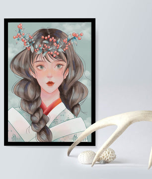 Illustration d'une jeune femme avec une coiffe florale sur fond de ciel nuageux