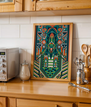 Design géométrique abstrait inspiré de l’Art déco avec des motifs symétriques et un motif animal