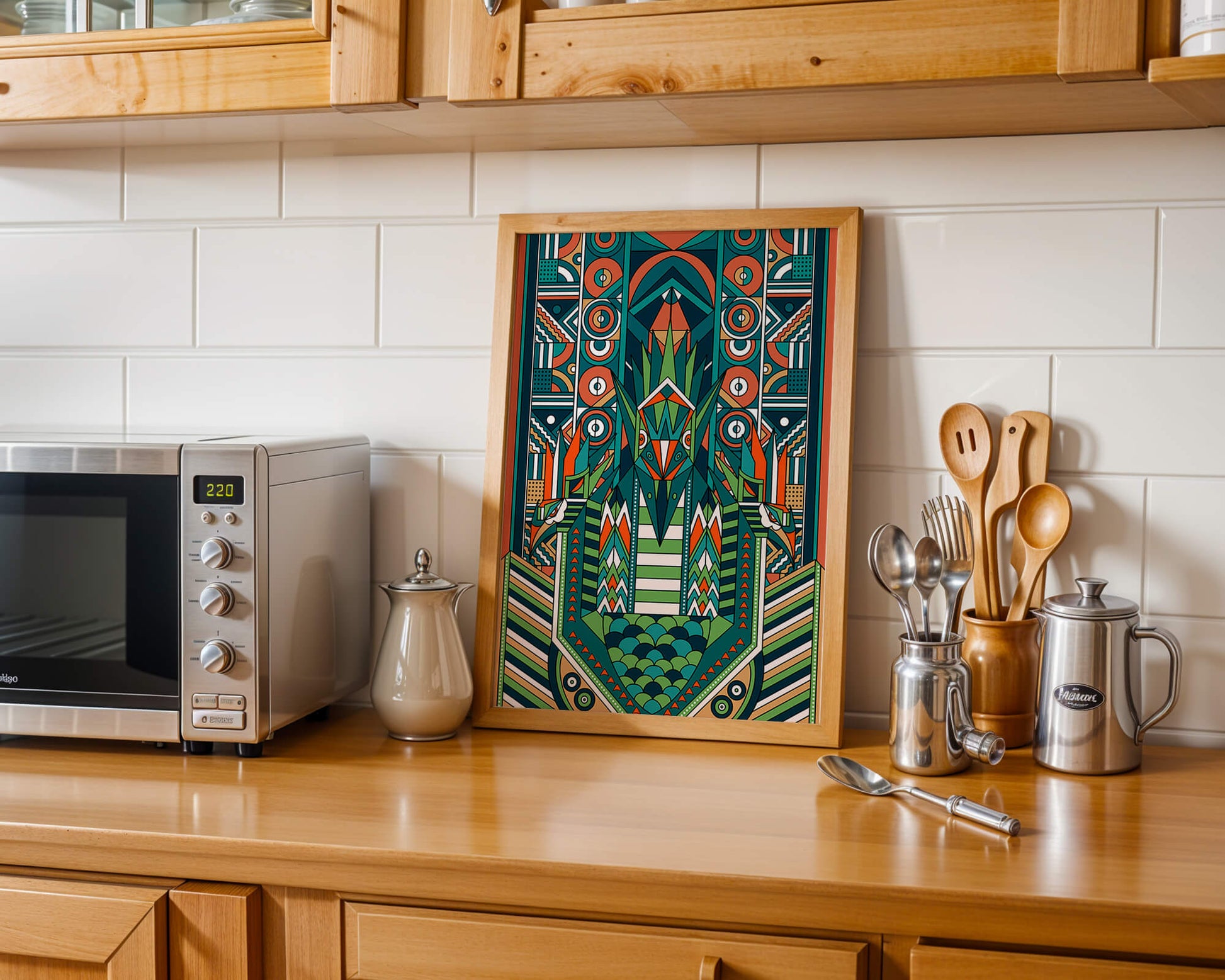 Art Deco Inspired Abstract Geometric Design with Symmetrical Patterns and Animal Motif