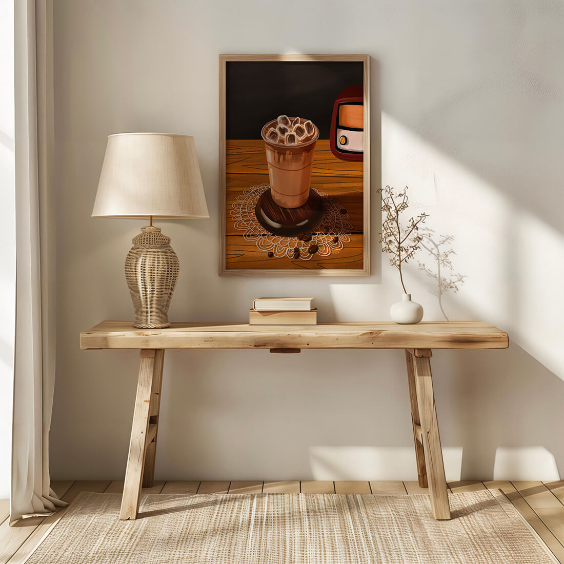 Escena de café vintage con café helado y radio retro