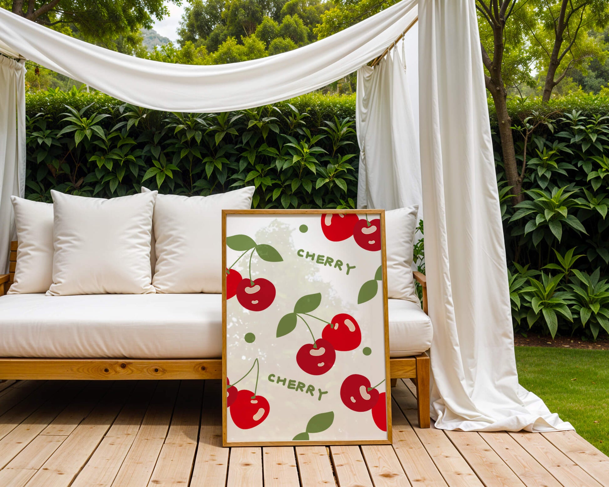Cherry pattern on black background with green leaves