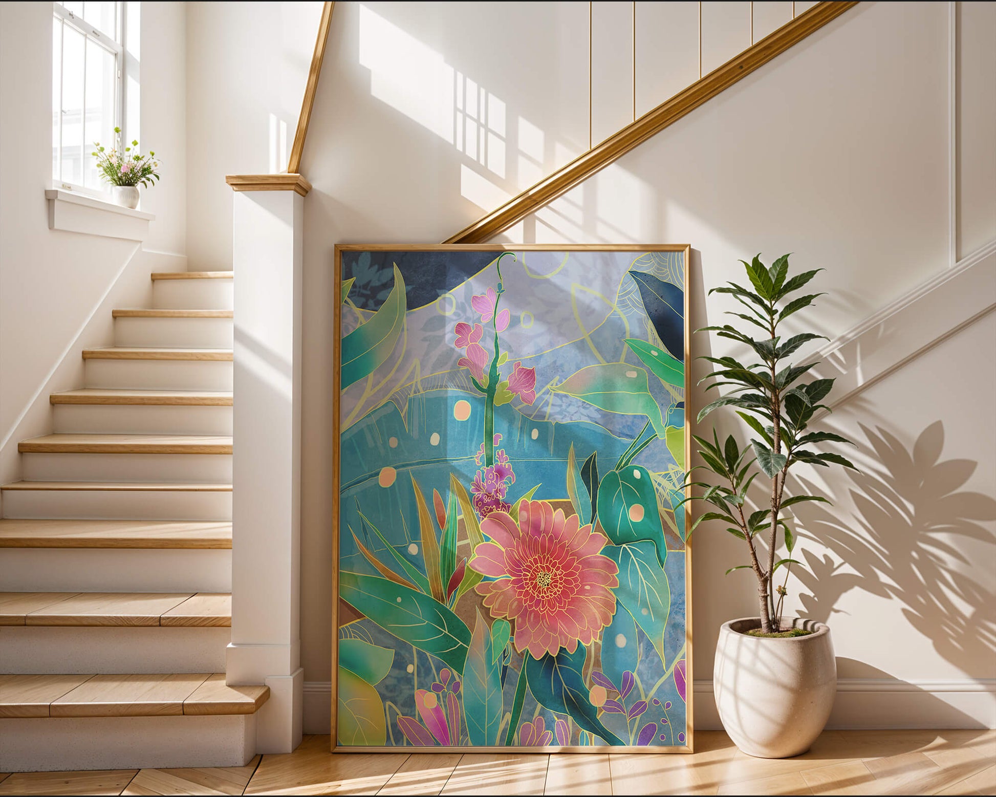 Kunst abstrak bunga yang berwarna-warni dengan bunga dan daun yang cerah