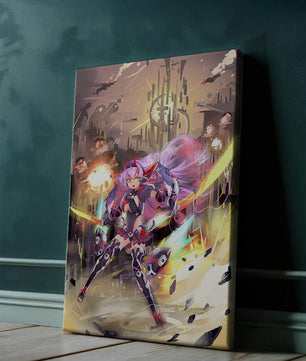 Guerrero anime futurista con espadas de energía en un paisaje urbano de ciencia ficción