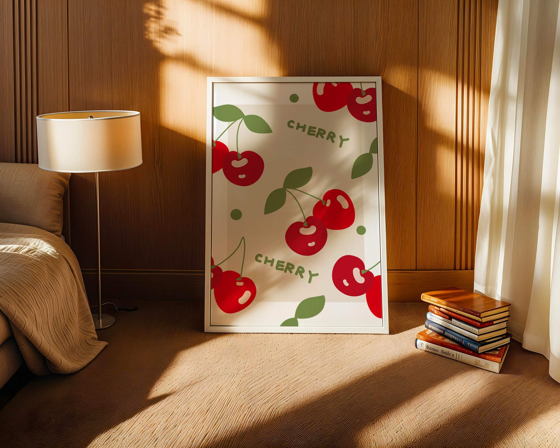 Cherry pattern on black background with green leaves