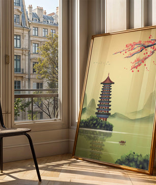 Serene landscape with traditional pagoda and blooming cherry blossoms