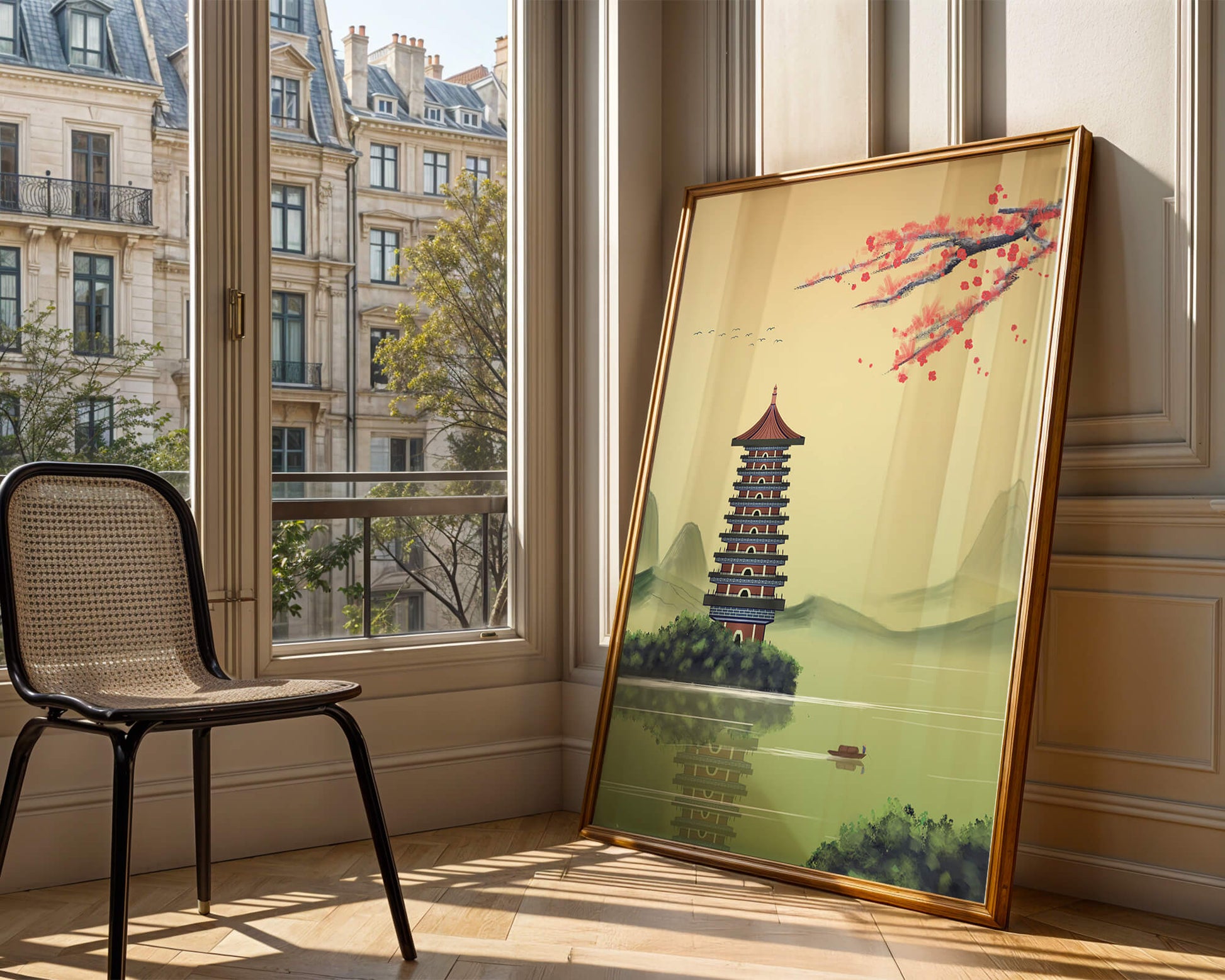 Serene landscape with traditional pagoda and blooming cherry blossoms