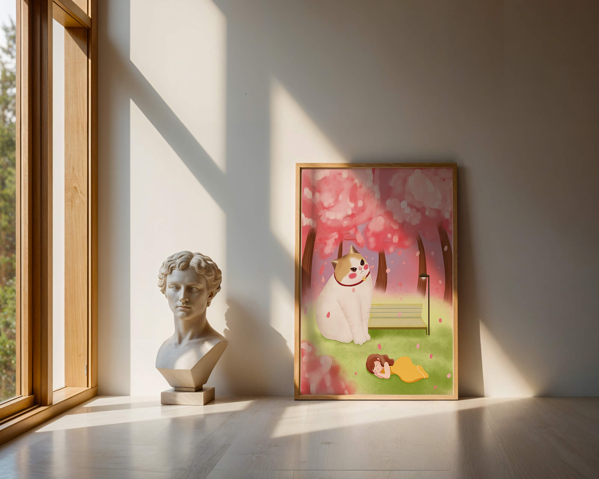 Whimsical scene with giant cat and girl under cherry blossoms