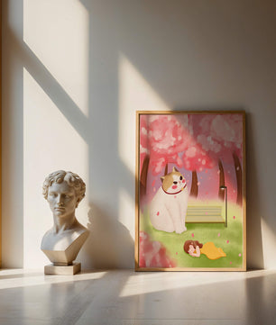Whimsical scene with giant cat and girl under cherry blossoms