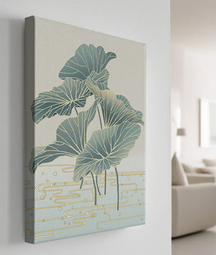 Elegant botanical illustration featuring large leaves with golden accents