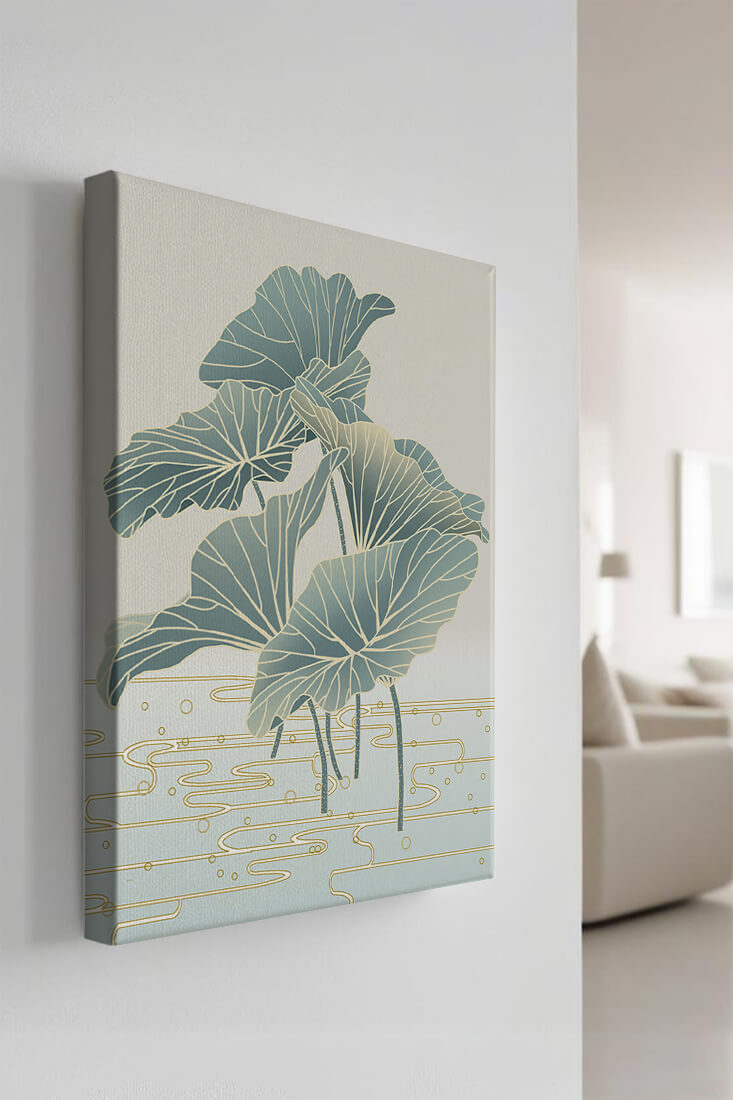 Elegant botanical illustration featuring large leaves with golden accents