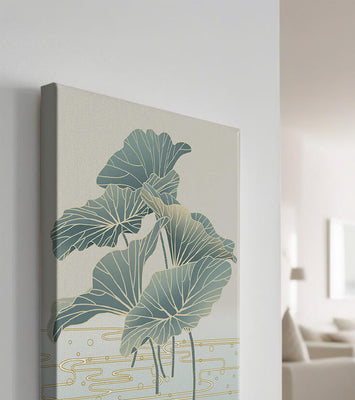 Elegant botanical illustration featuring large leaves with golden accents