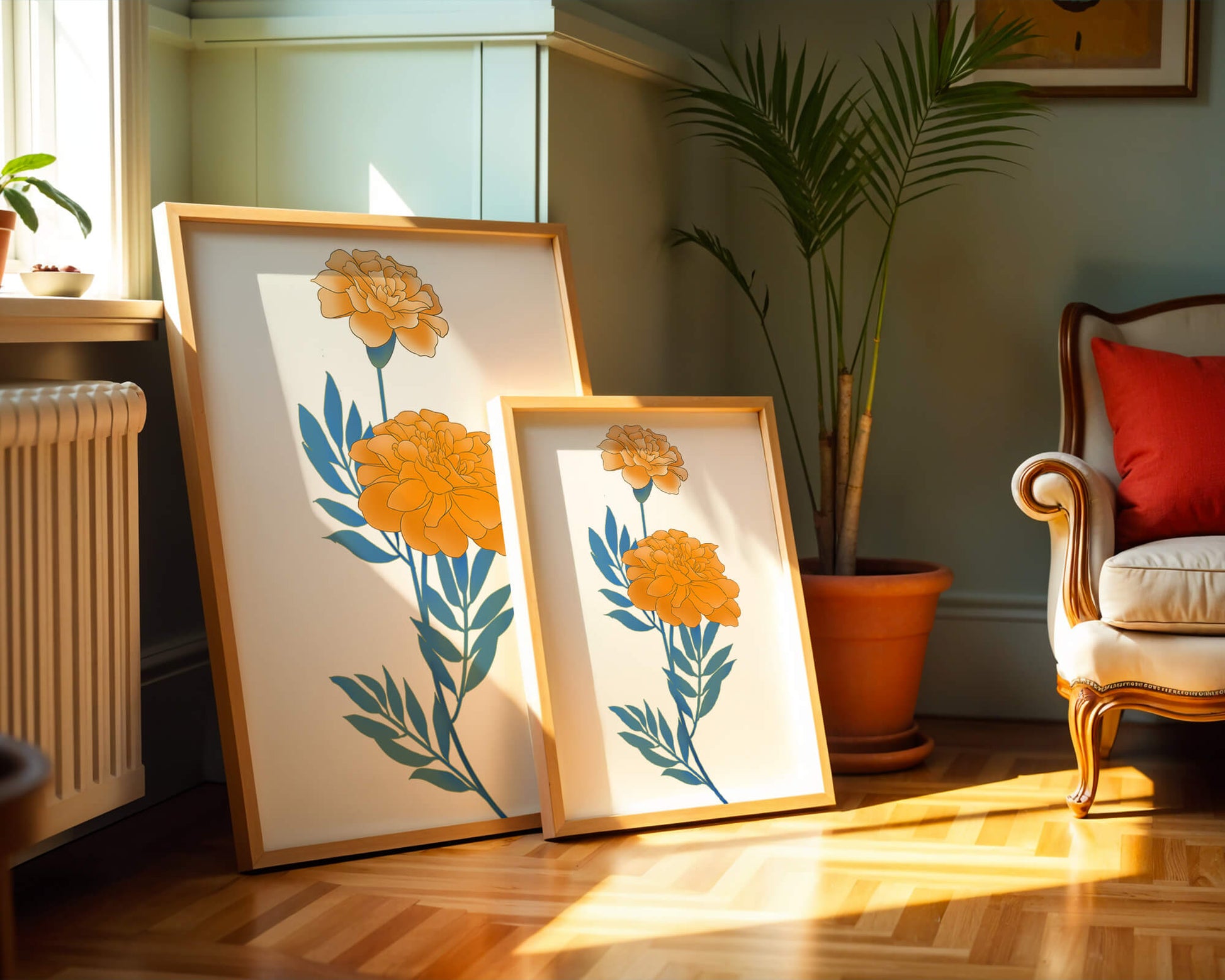 Elegante Illustration lebendiger Ringelblumen auf grünem Hintergrund