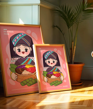Personnage de dessin animé charmant en tenue traditionnelle tenant un panier de nourriture coloré