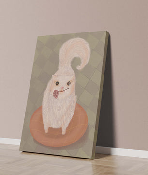 Illustration of fluffy cat with rose on a cushion