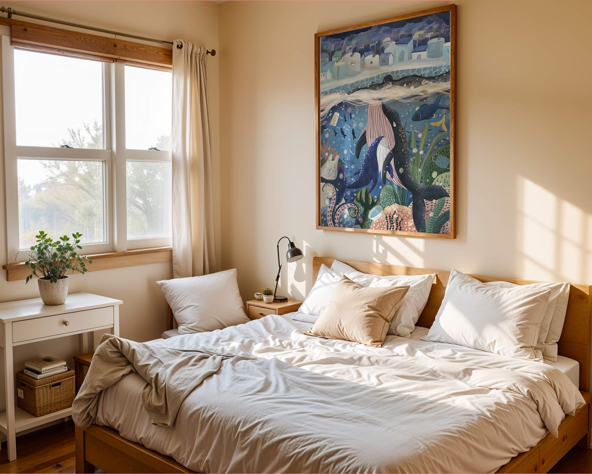 Whimsical Underwater City with Marine Life and Pollution