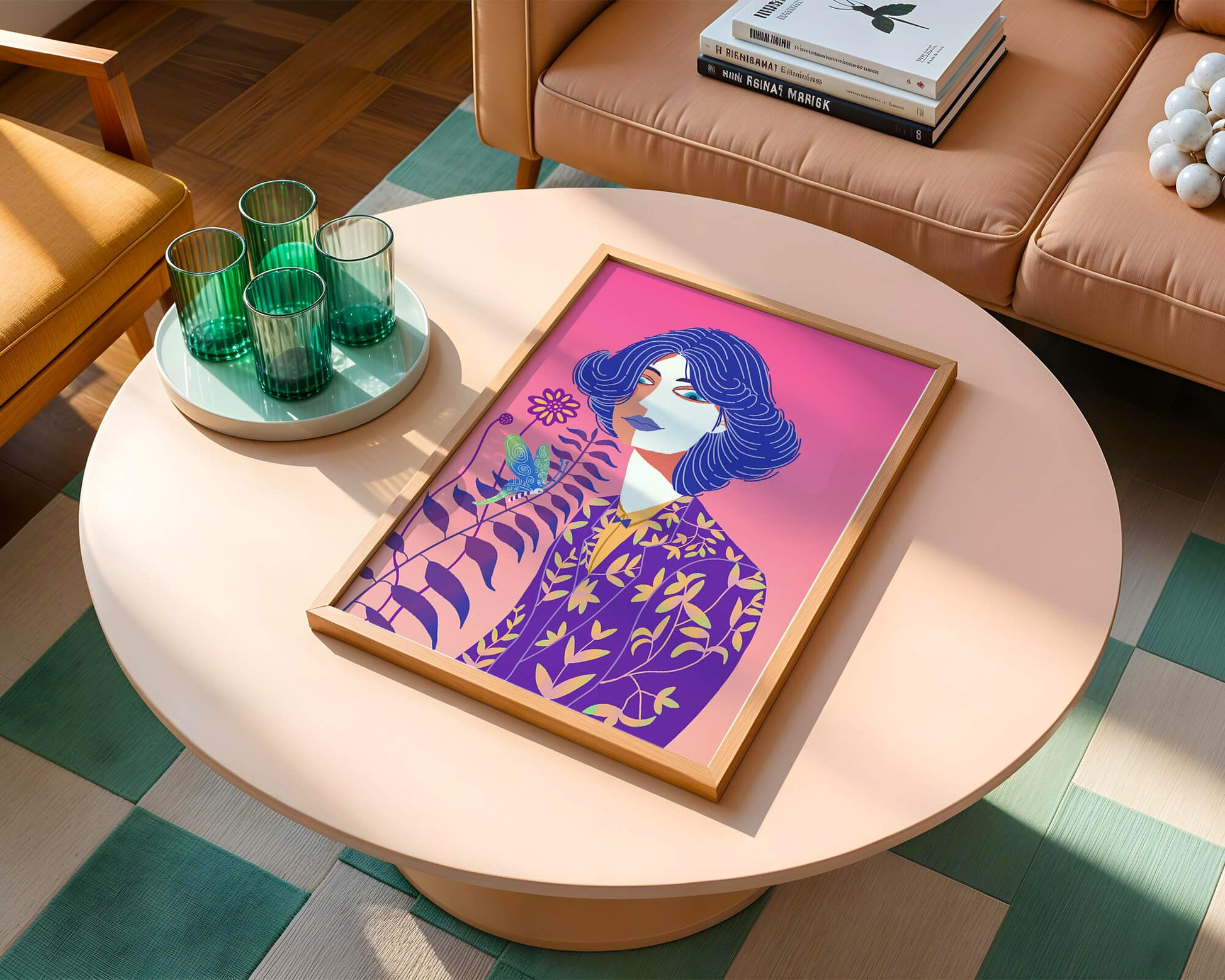 Stylized Portrait of a Woman with Blue Hair and Botanical Pattern