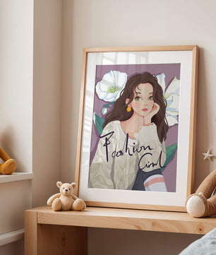 Illustrated fashion girl with floral background and purple theme