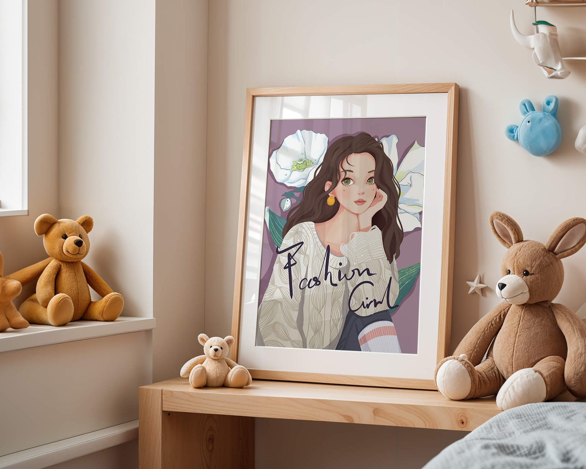 Illustrated fashion girl with floral background and purple theme