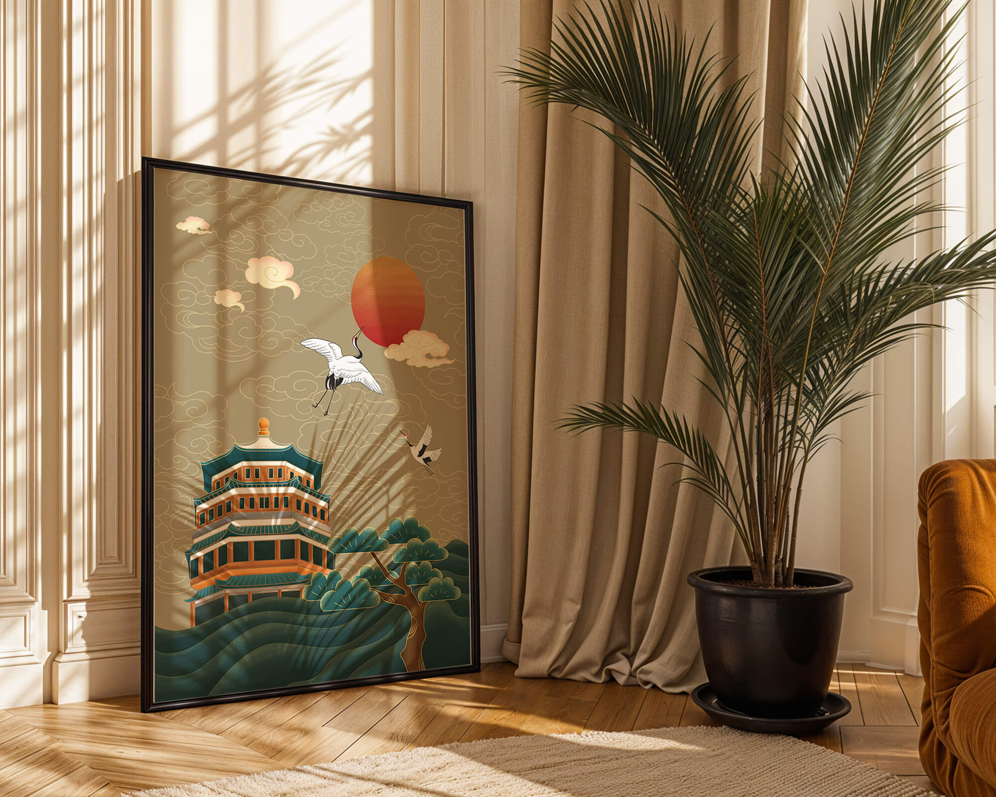 Traditional Asian artwork with cranes and pagoda under a red sun