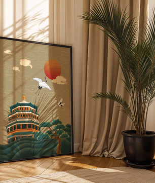 Traditional Asian artwork with cranes and pagoda under a red sun