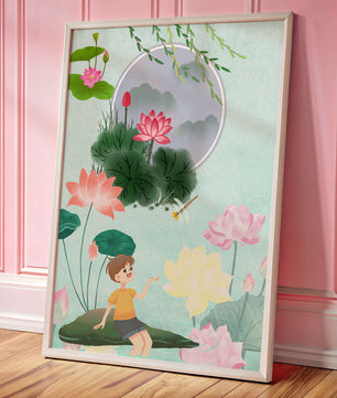 Serene illustration of a child in a lotus garden with vibrant flora