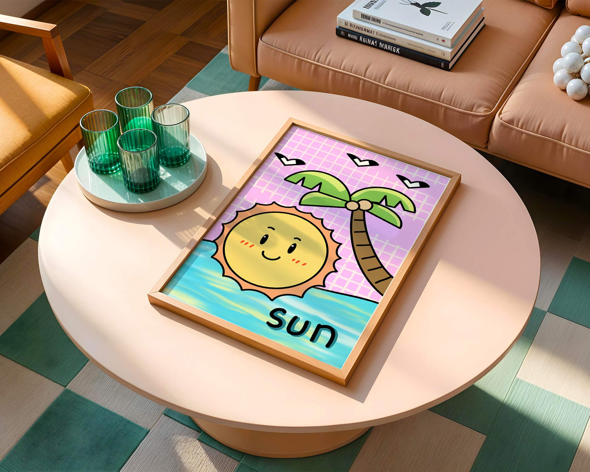 Cartoon sun with palm tree and ocean scene