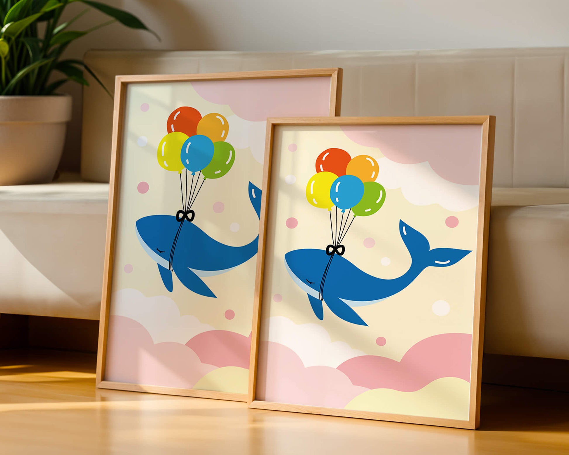 Skurriler Wal, der mit bunten Luftballons fliegt