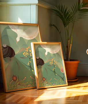 Dreamy nature-inspired illustration with bird and plant elements