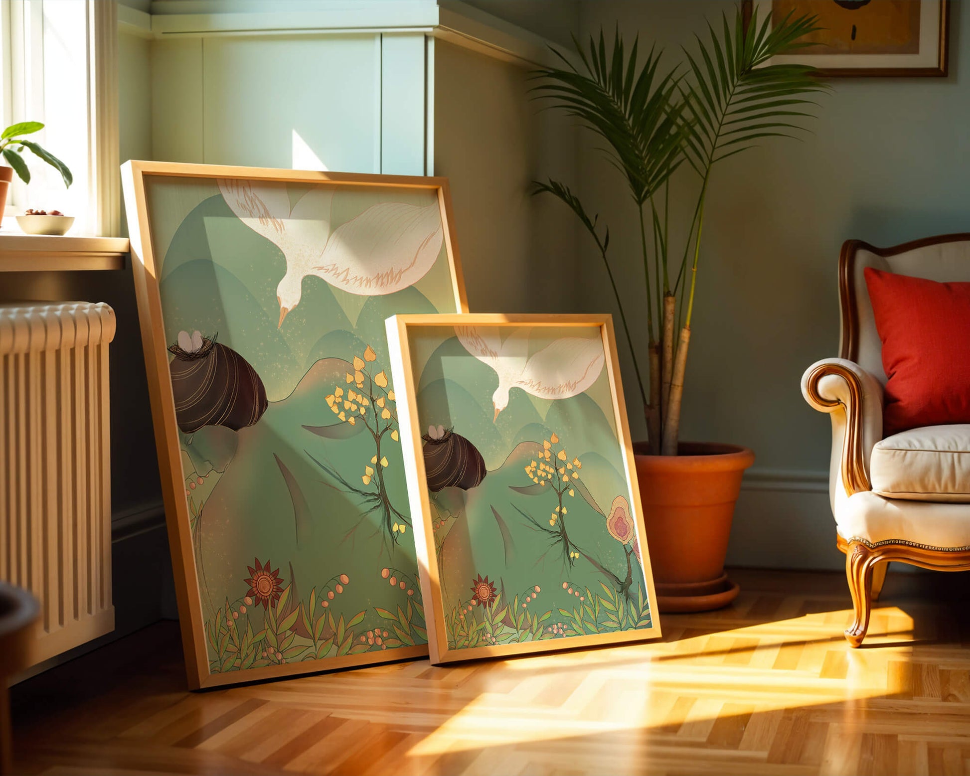 Dreamy nature-inspired illustration with bird and plant elements