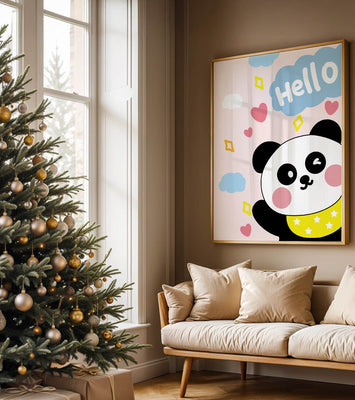 Panda illustration with playful elements and pastel colors