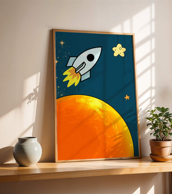 Cartoon Rocket in Space with Yellow Star