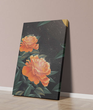 Fantasía floral elegante con flores naranjas vibrantes y un brillo dorado