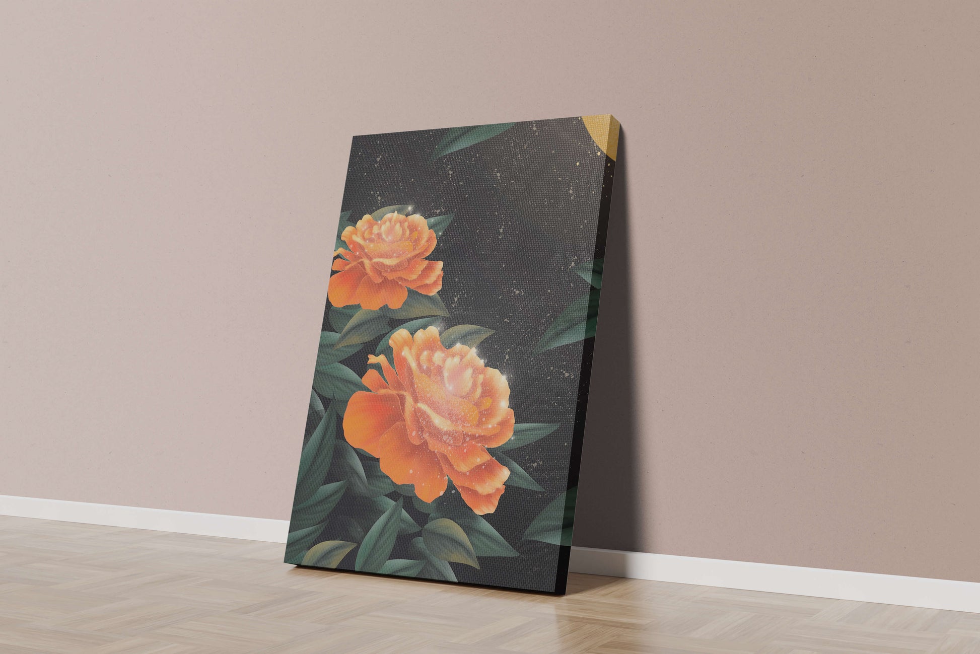 Fantasía floral elegante con flores naranjas vibrantes y un brillo dorado