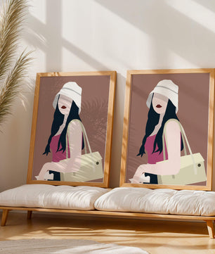 Ilustración elegante de una mujer con sombrero de cubo y ropa casual