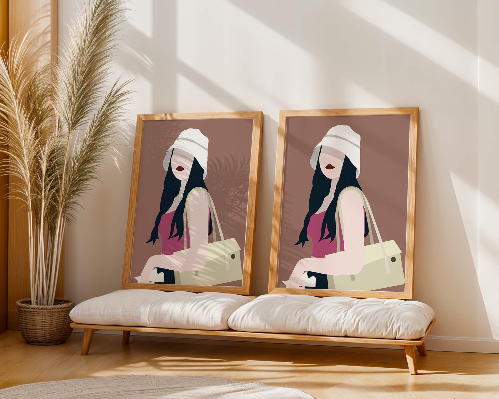 Stylish illustration of a woman in a bucket hat and casual outfit