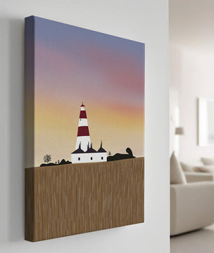 Lighthouse at Dusk with Colorful Sky and Field Landscape