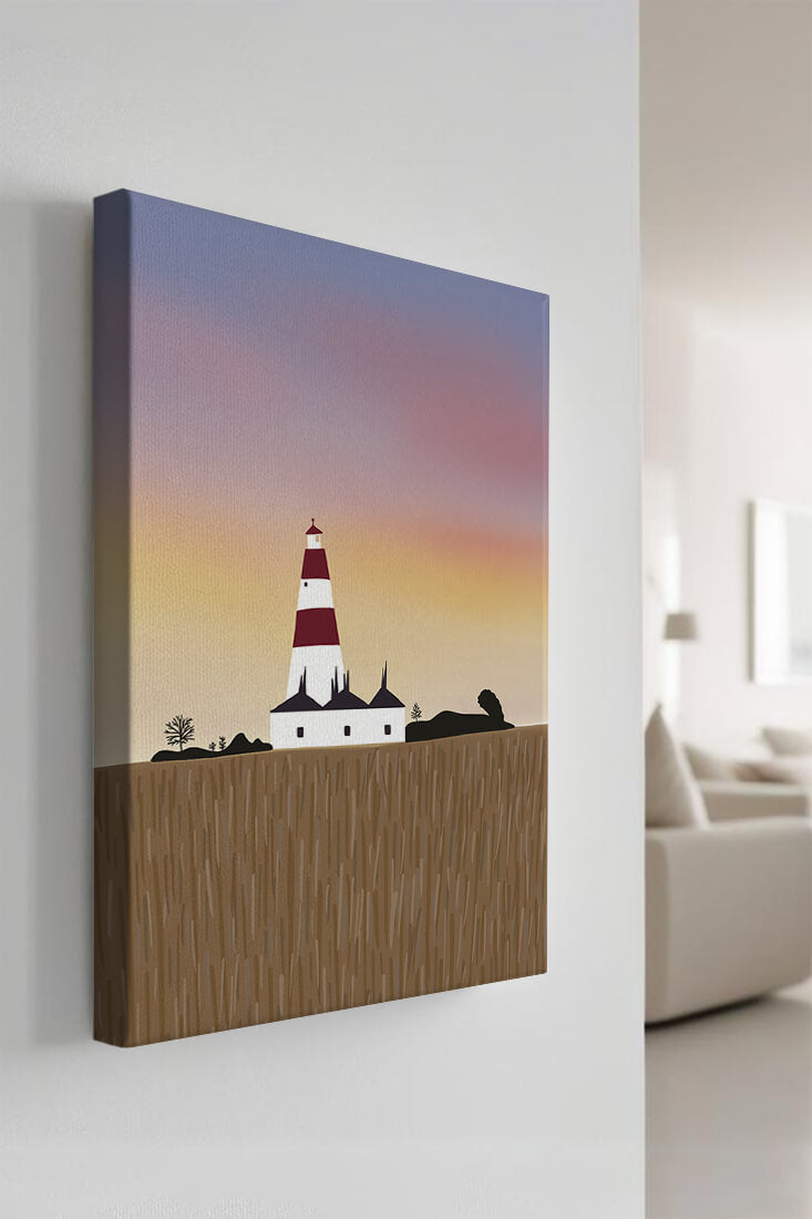 Lighthouse at Dusk with Colorful Sky and Field Landscape