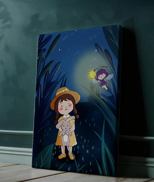 Ilustración de una chica en un bosque con una luciérnaga mágica por la noche