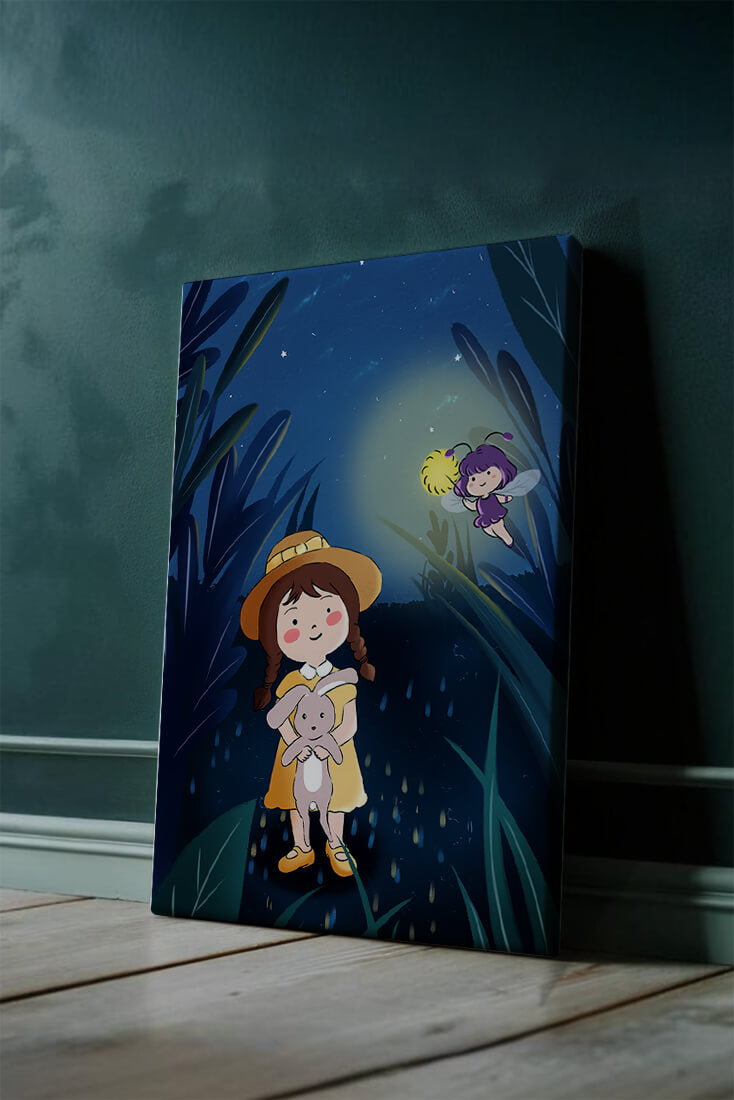 Ilustración de una chica en un bosque con una luciérnaga mágica por la noche