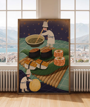 Ilustración juguetona de chefs preparando sushi en un paisaje imaginario