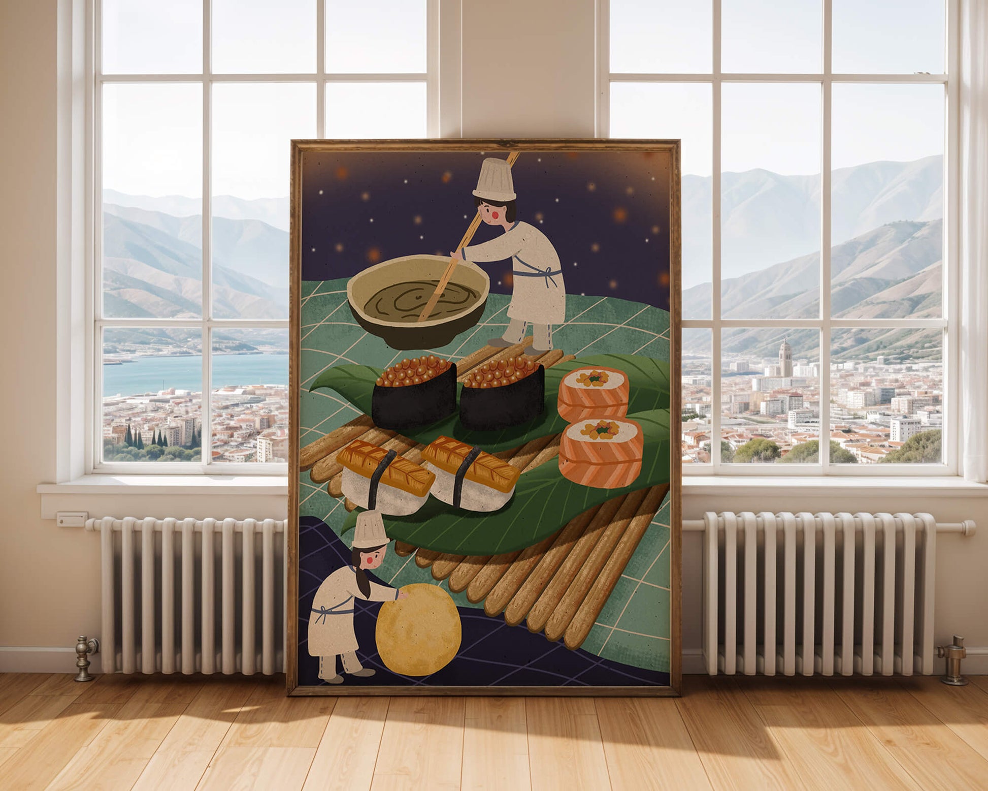 Ilustración juguetona de chefs preparando sushi en un paisaje imaginario
