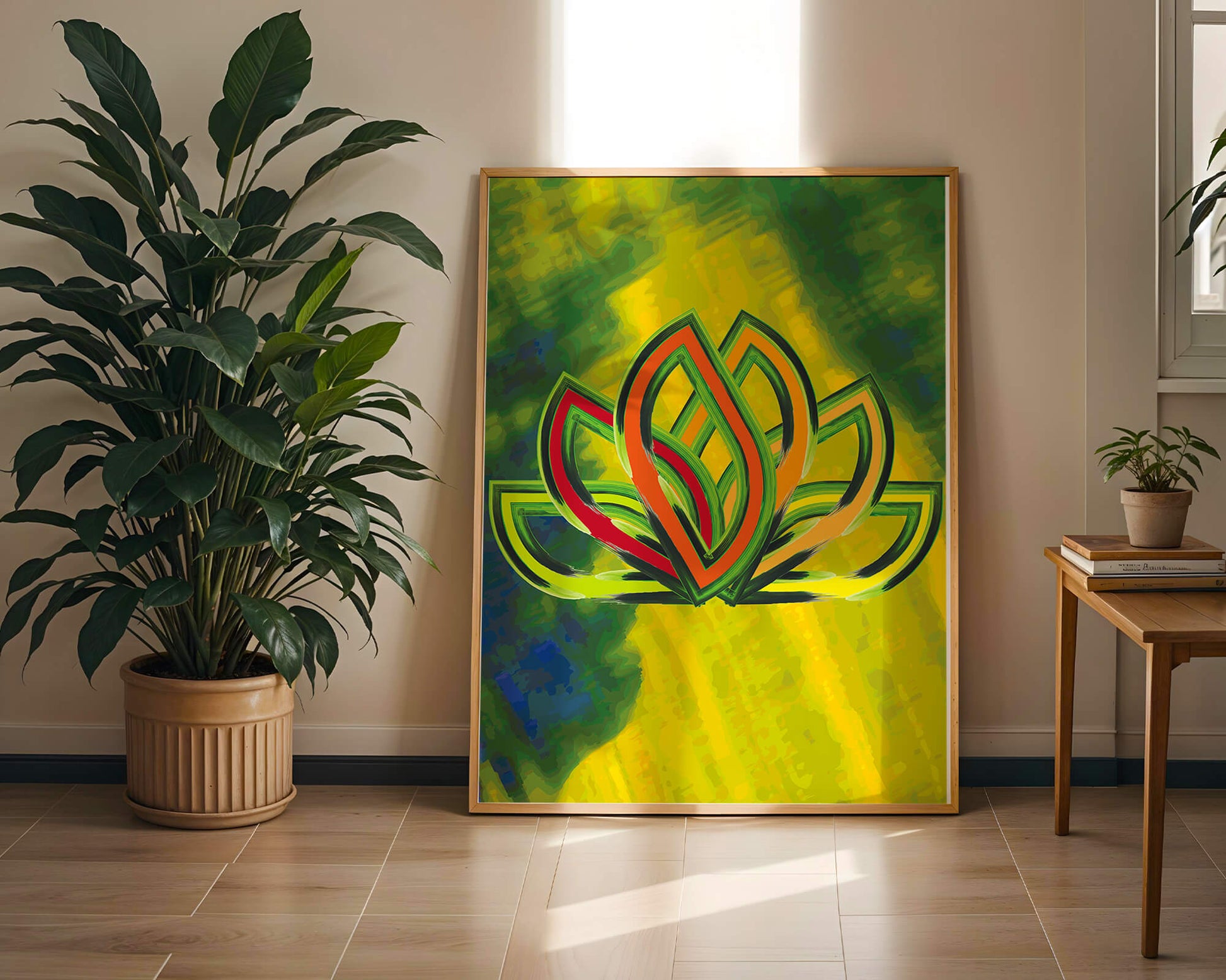 Diseño abstracto de loto con colores vivos y formas orgánicas